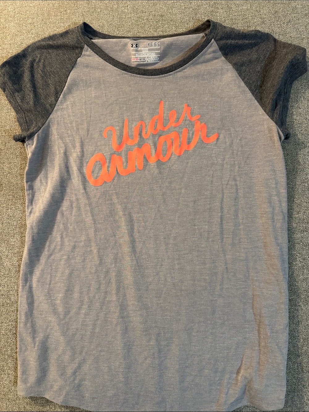 5/$15- Under Armour Girls Gray Tee with Coral Script Logo and Dark Raglan Sleeve